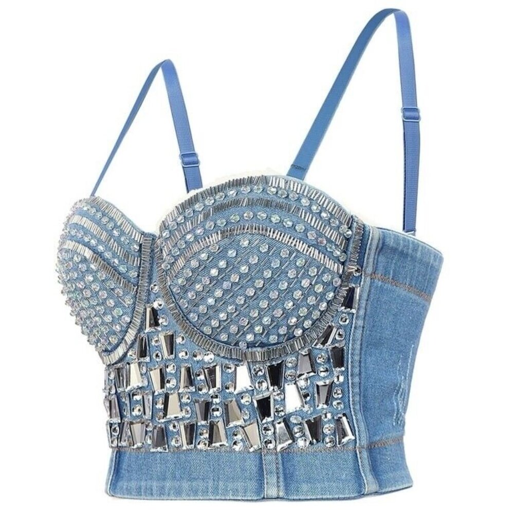 Women's Beaded Shaped Camisole Fashion Lingerie Stage Hot Diamond Denim Corset - Picture 2 of 12